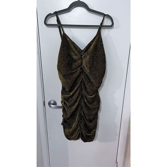 LULUS SEXY GOLD SHIMMER RUCHED DRESS WOMENS SIZE 16 - Picture 2 of 10